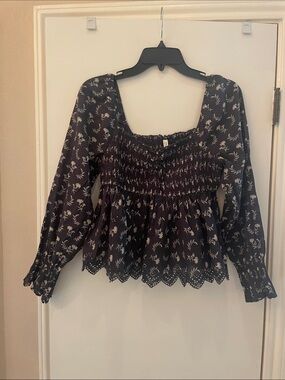 American Eagle Outfitters Black Floral Smocked Peplum Blouse with Cream Print